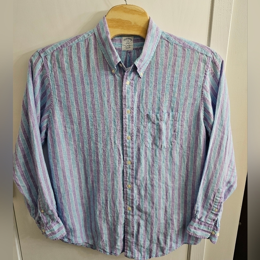 Brooks Brothers 346 The‎ Original Polo Shirt All Linen Slim Fit Stripe Shirt XXL